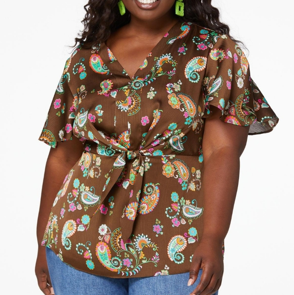 Cato Paisley Tie Peplum Blouse Top